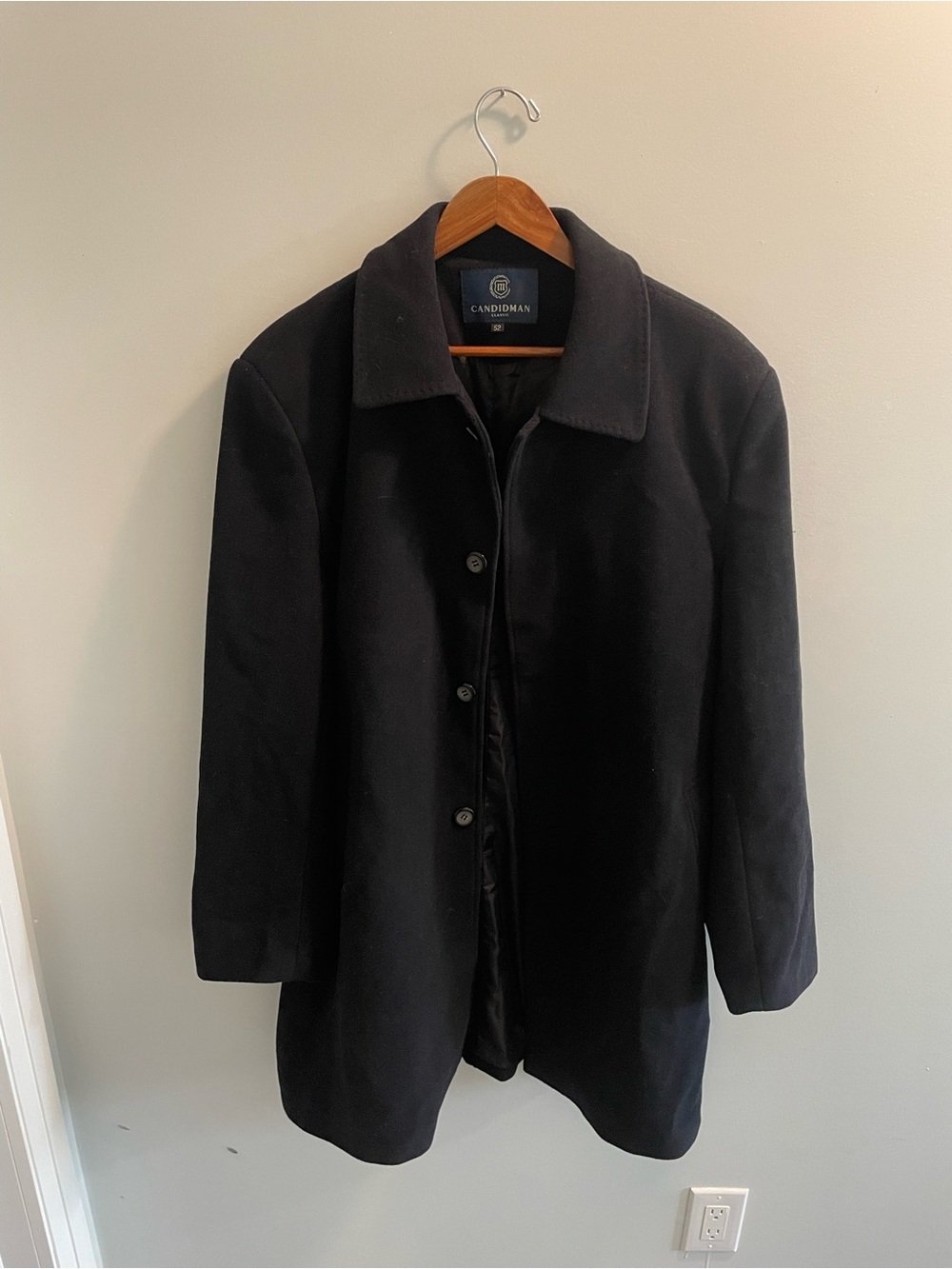 Candidman Classic Black Wool Blend Overcoat – Size 52